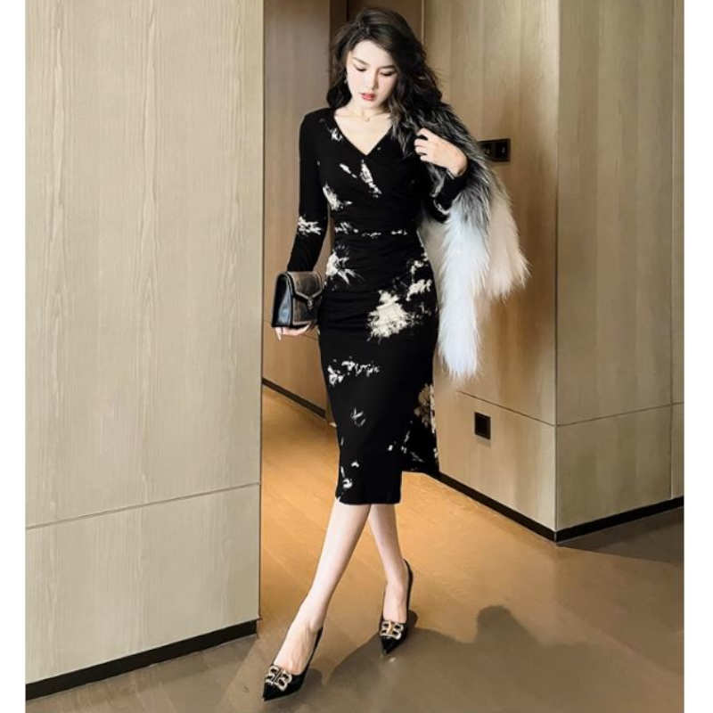 ペインティングプリントカシュクールペンシルワンピース