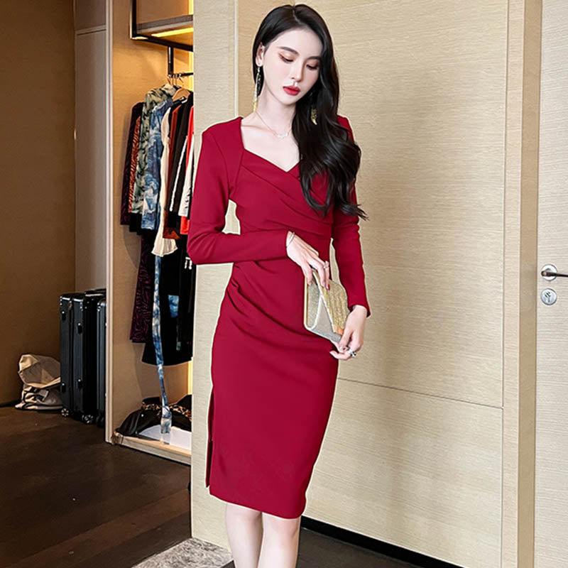 ハートネックカシュクールサイドスリットワンピース(3colors)