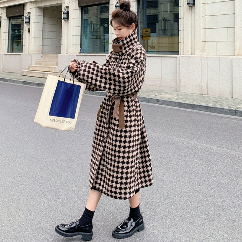 エコレザーコンビダイヤ柄ロングコート(2colors)