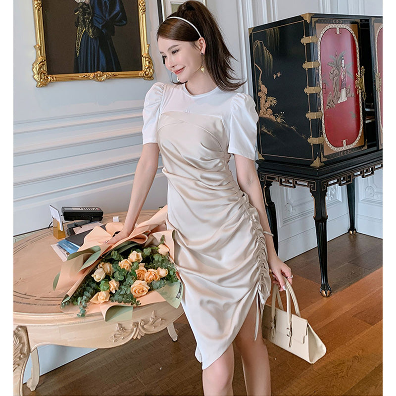 Tシャツコンビサテンサイドドローストリングワンピース