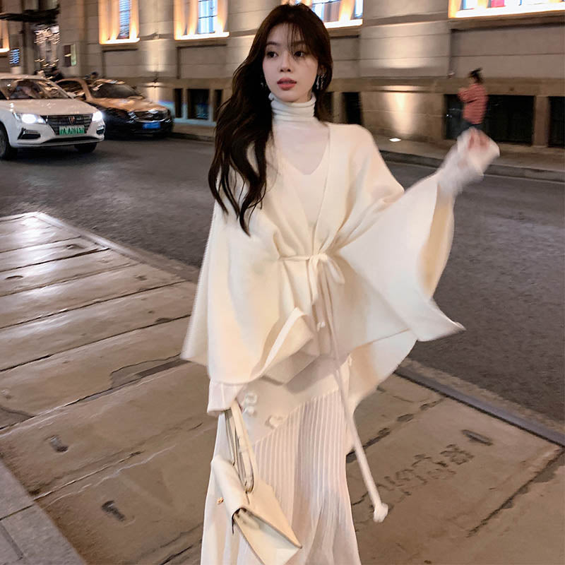 ウエストリボン付きポンチョニットカーディガン