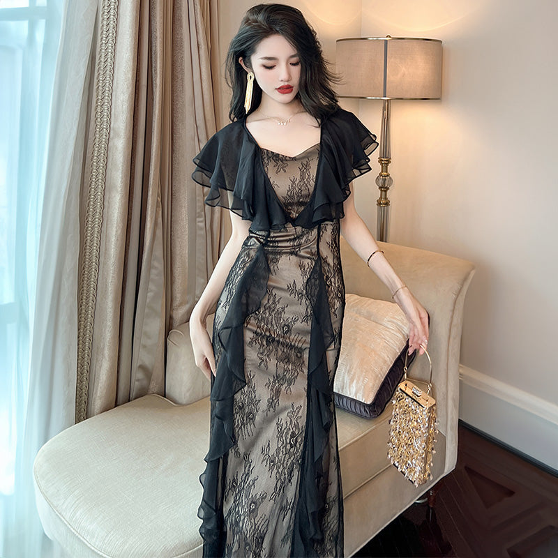 ラッフルケープコンビシアーレースマーメイドワンピース