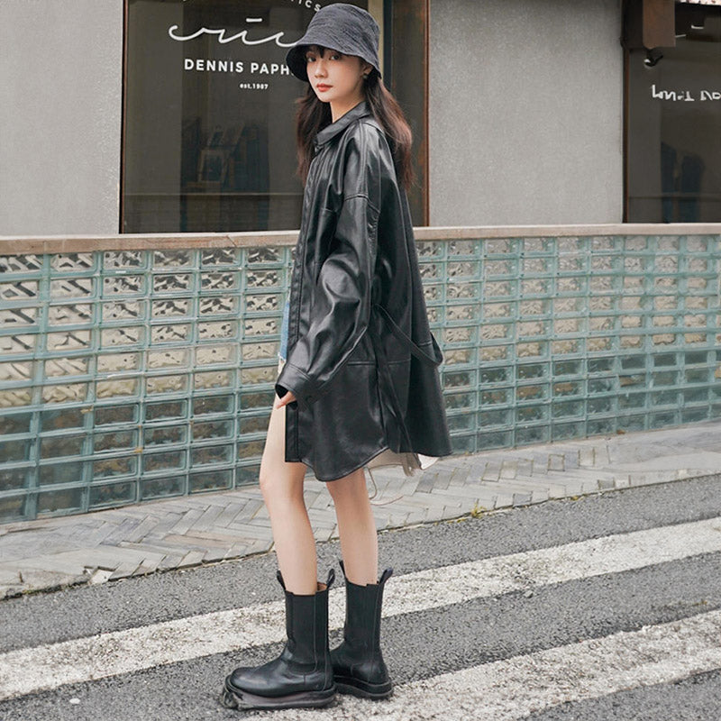 エコレザーオーバーシャツワンピース