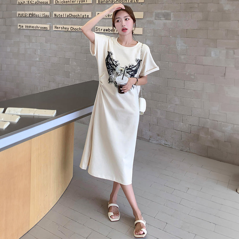 レースプリントゆるTシャツワンピース