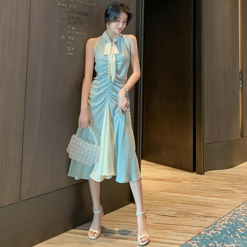 ボウタイフロントギャザーバイカラーワンピース