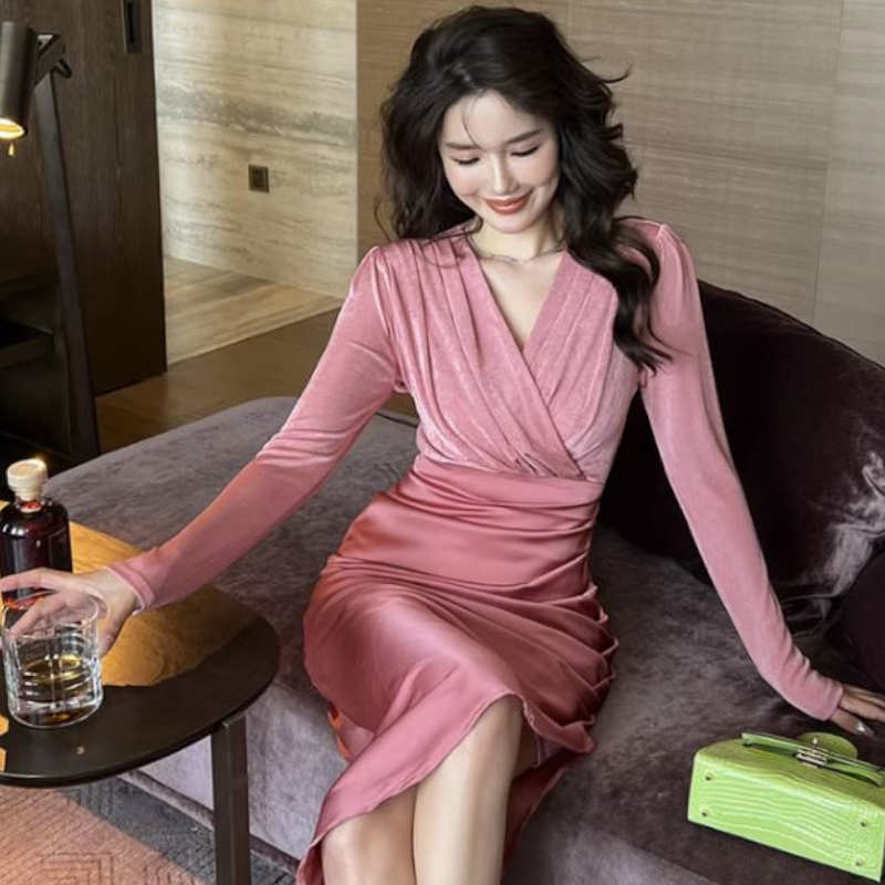 カシュクールベロアトップコンビタック入りワンピース