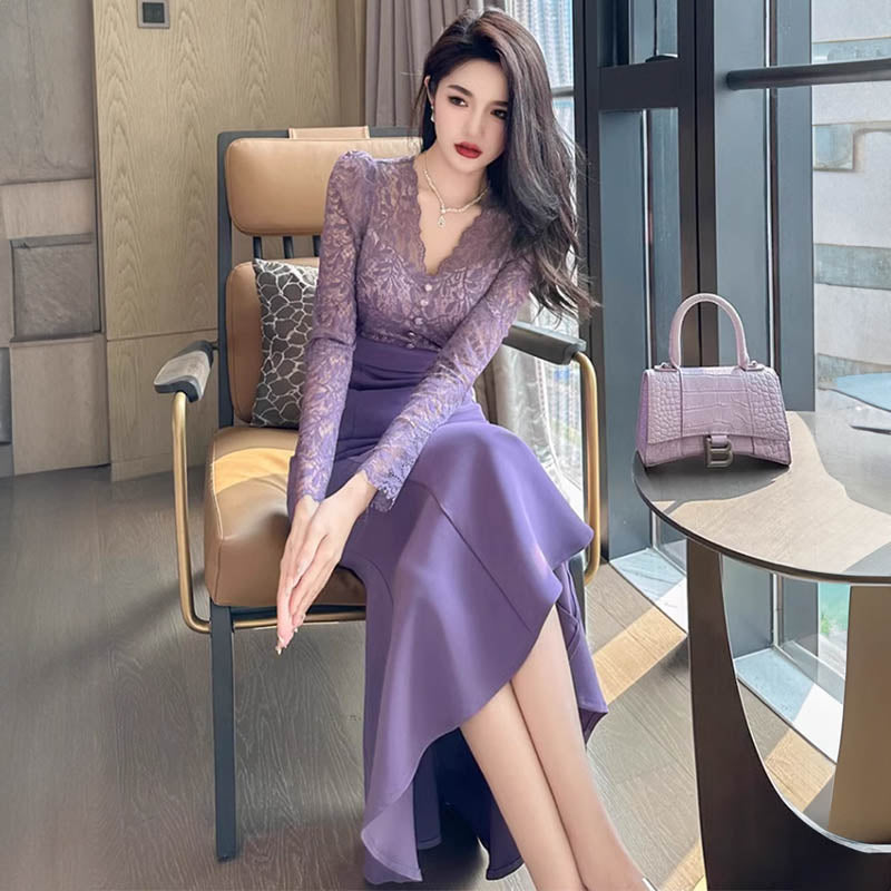 グラマラスレースブラウスコンビマーメイドワンピース