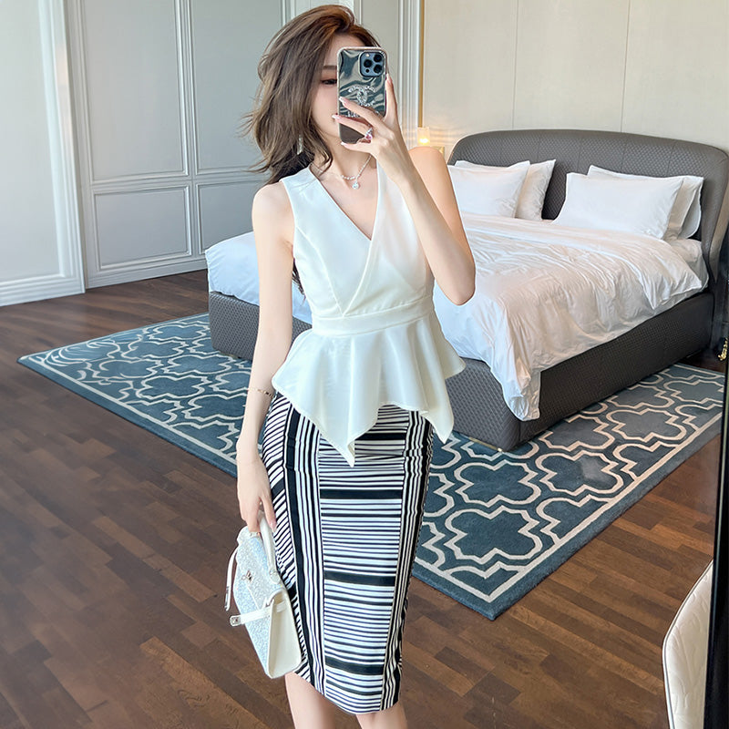 【即納】カシュクールペプラムノースリーブブラウス×ストライプパネルタイトスカート