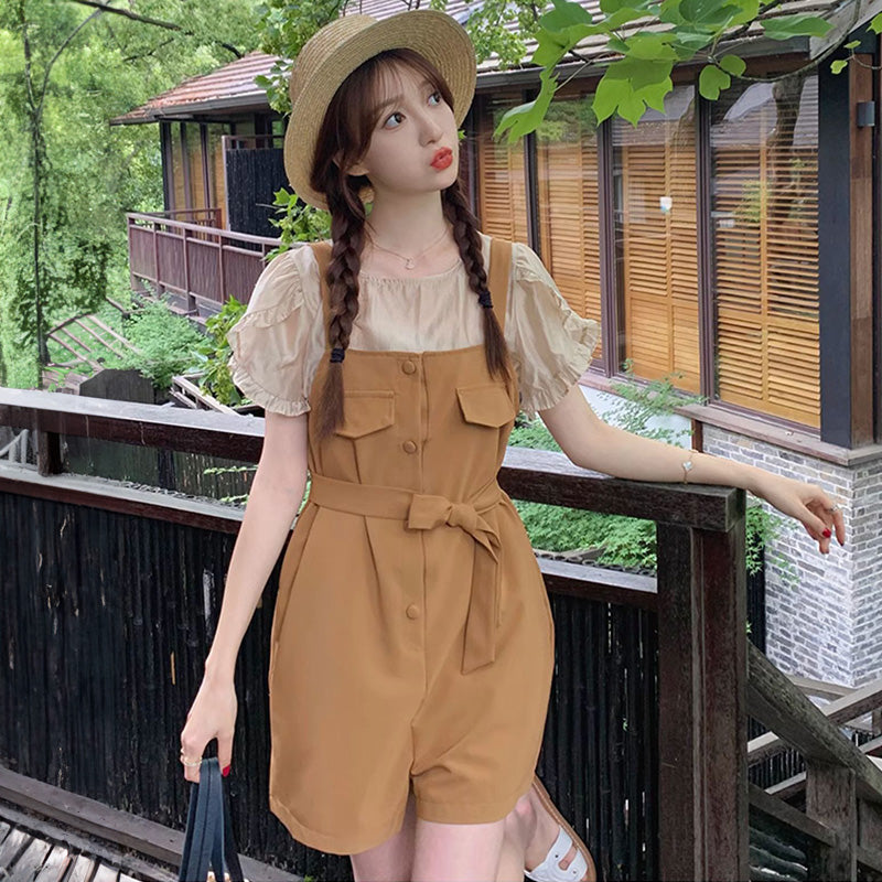 ラップスリーブブラウス×ウエストマークサロペット