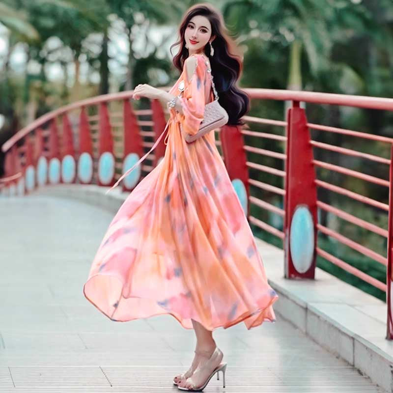 【即納】オープンショルダーシフォンワンピース