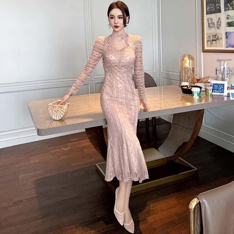 フロントオープンジオメトリックレースマーメイドワンピース