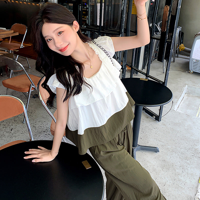 フレンチスリーブフリルトップ×ワイドパンツ