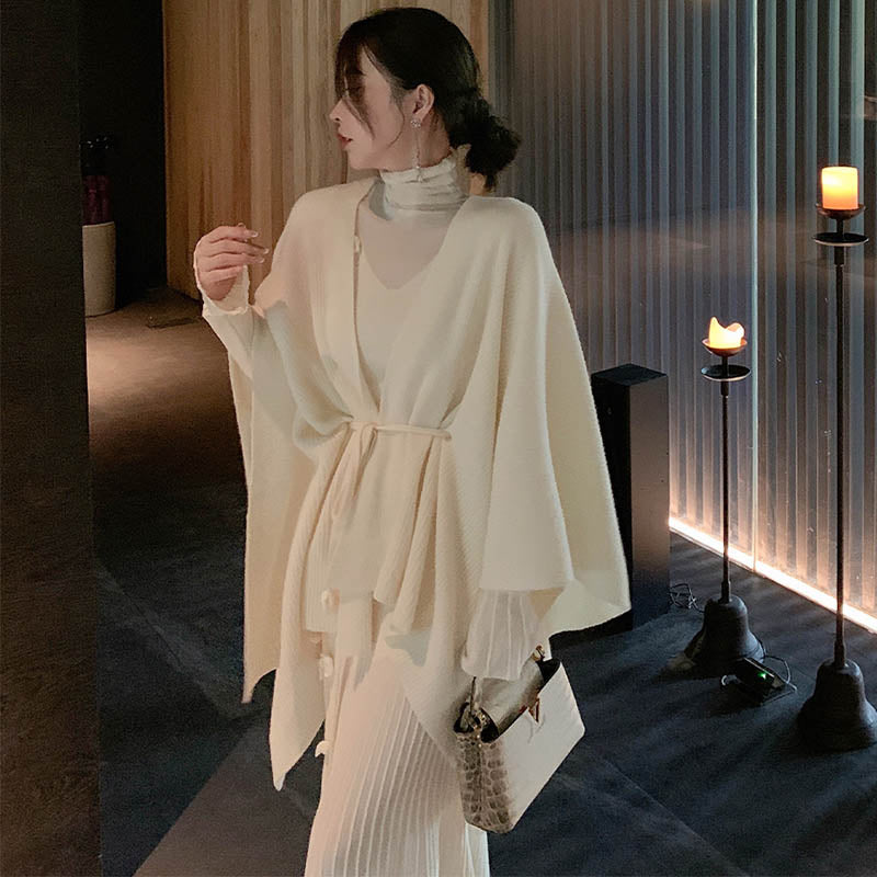 ウエストリボン付きポンチョニットカーディガン