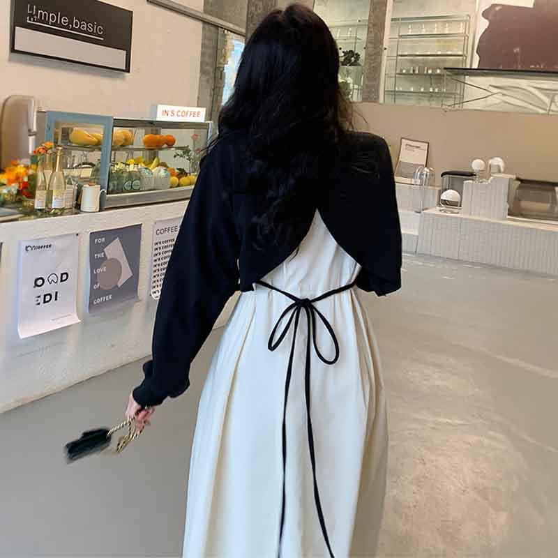 ショート丈ニットトップス×ロング丈シャツコンビ風ワンピース
