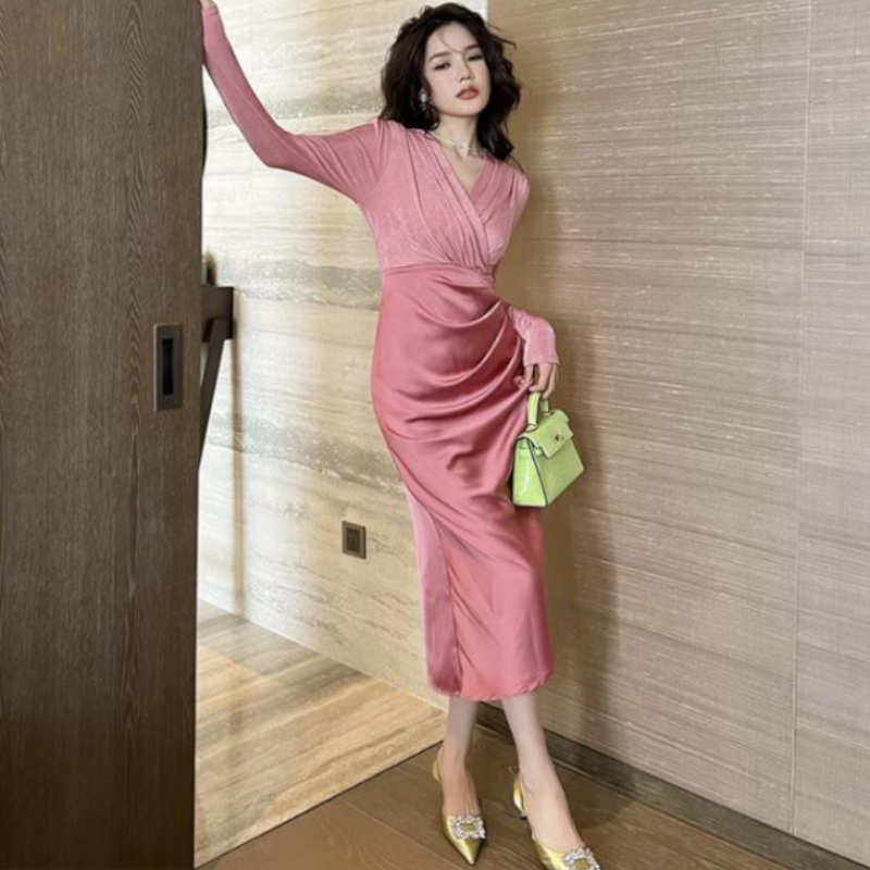 カシュクールベロアトップコンビタック入りワンピース