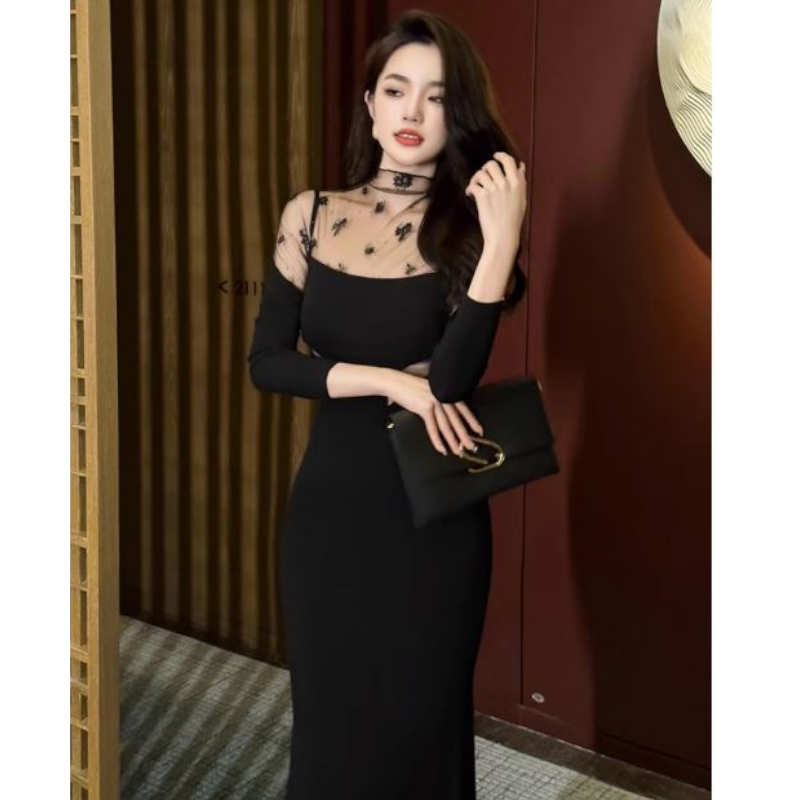 花柄シアーコンビマーメイドマキシワンピース