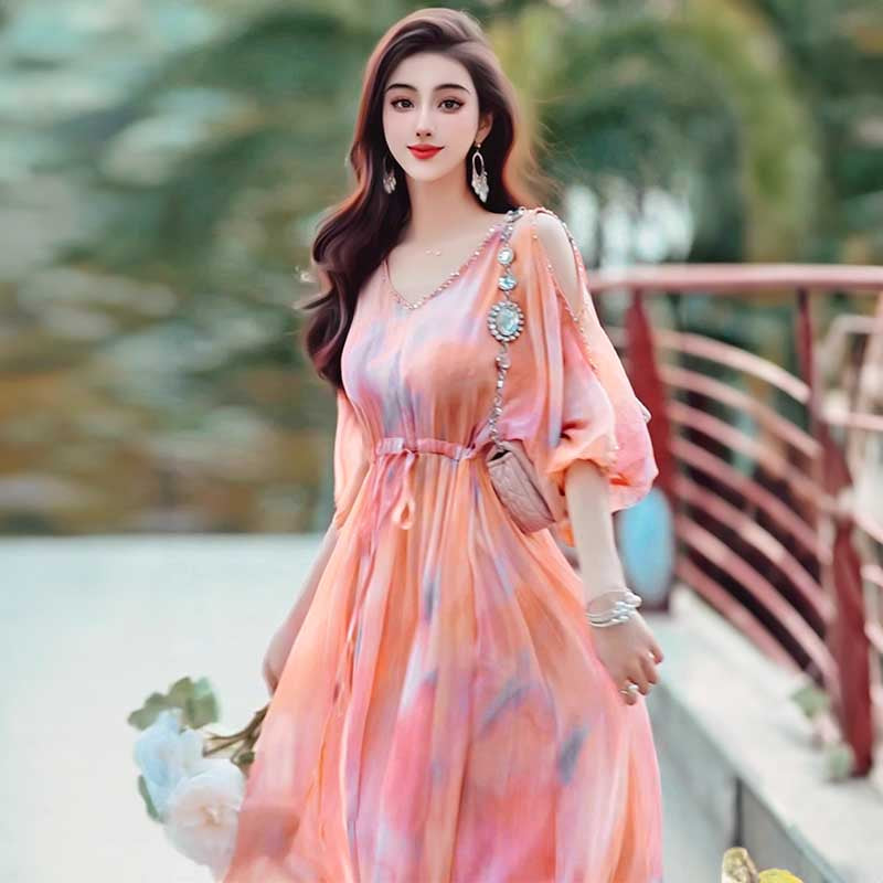 【即納】オープンショルダーシフォンワンピース