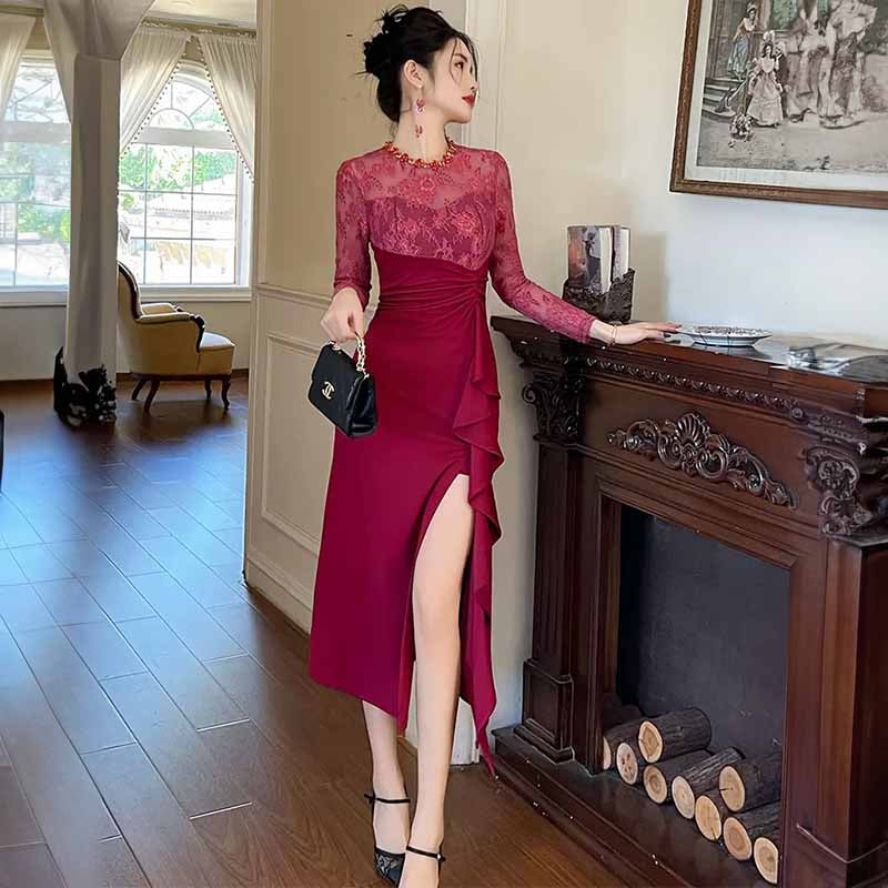 レース切り替えスリット入りパーティドレス