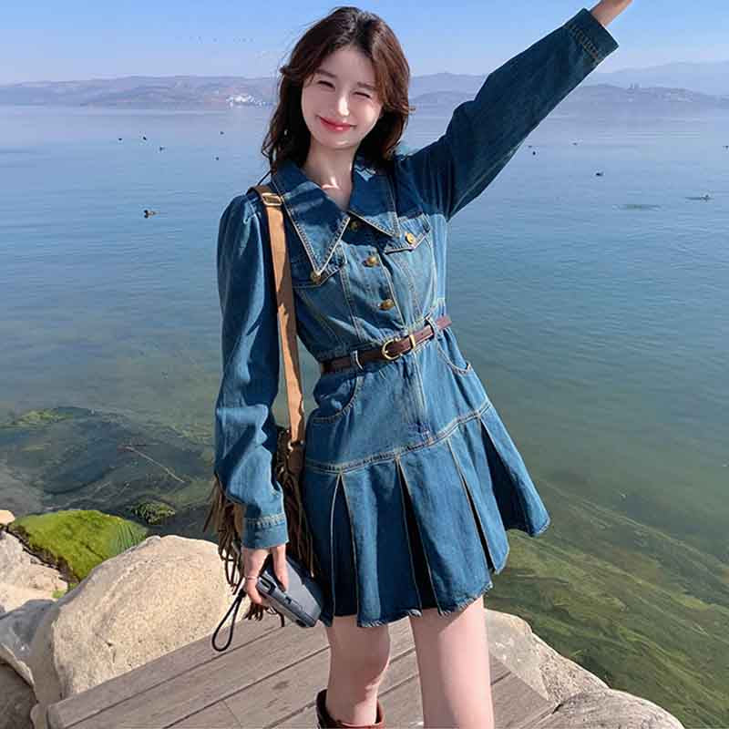 裾プリーツデニムワンピース