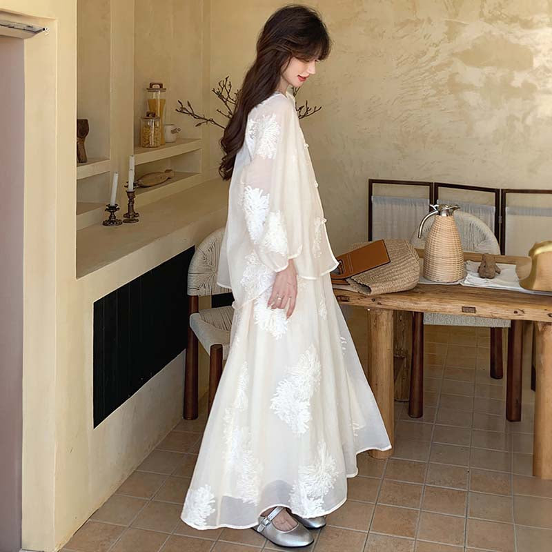 フラワー刺繍シフォンセットアップ