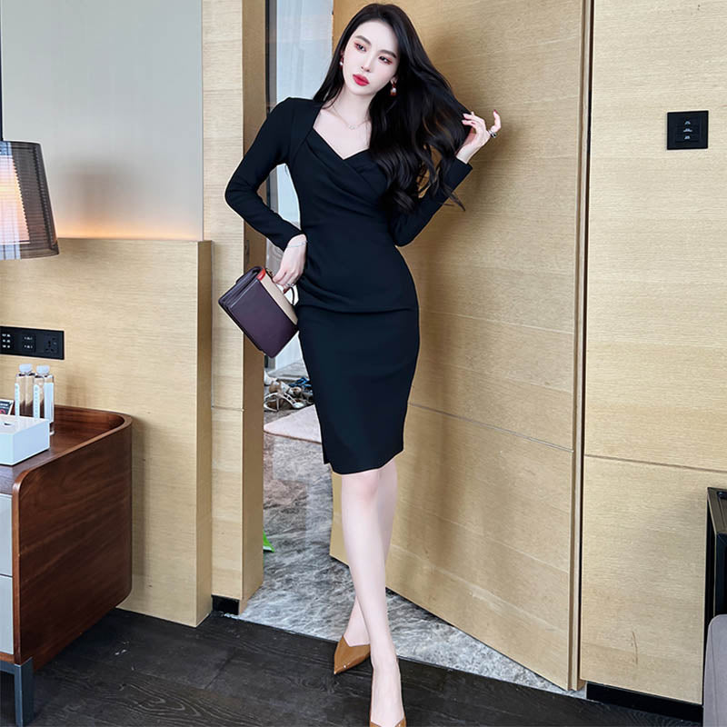 ハートネックカシュクールサイドスリットワンピース(3colors)