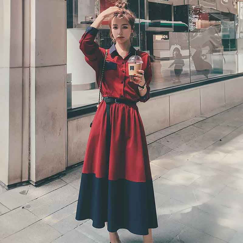 レッド×ネイビーバイカラーAラインワンピース