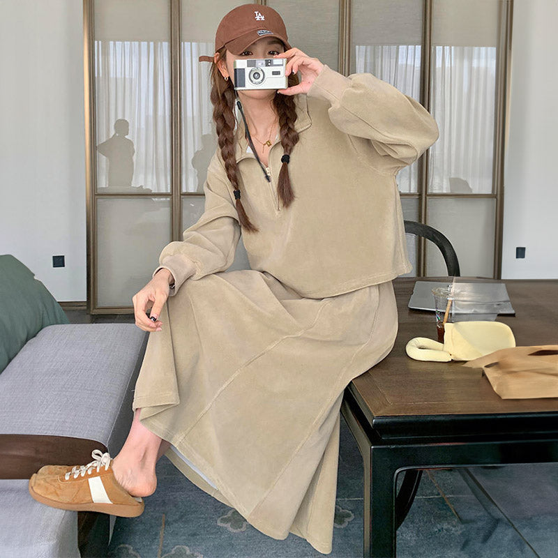 ハーフジップショートトレーナー×マキシフレアスカート