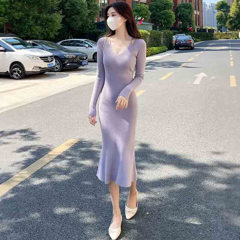 Vネックタイトニットワンピース(5colors)