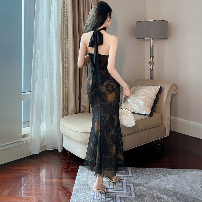 シアーコンビモダンプリントホルターネックマキシワンピース