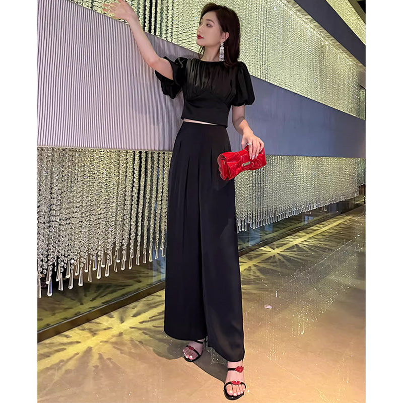 バルーンギャザートップ×ワイドストレートパンツ(2colors)