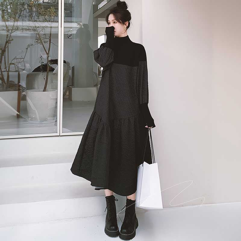 異素材MIXハイネックボリュームワンピース