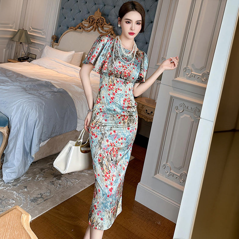 ウォータープリント花柄フレアスリーブタイトワンピース(2colors)