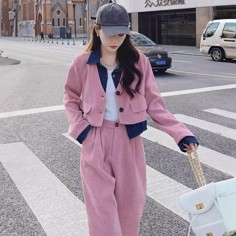 デニムシャツコンビクロップドジャケット×ワイドパンツ or ナロースカート(2colors / 2type)