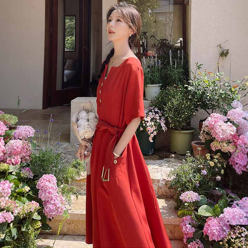 ラウンドネックレトロワンピース