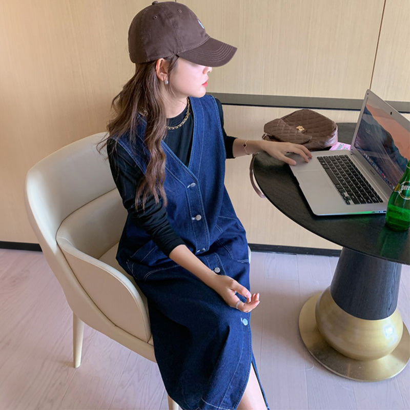 フロントボタンインディゴデニムジャンパースカート(ブラックトップス付き)