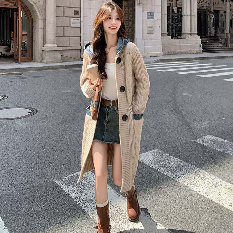 デニムフード付きニットカーディガン