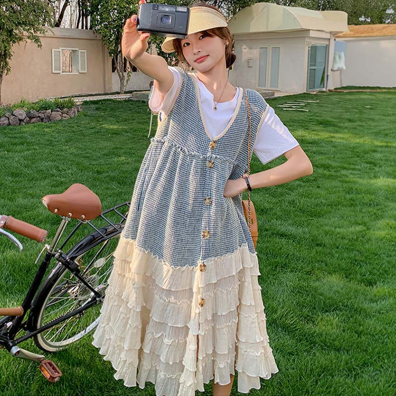 Tシャツ×裾フリルティアードノースリーブワンピース ツーピース