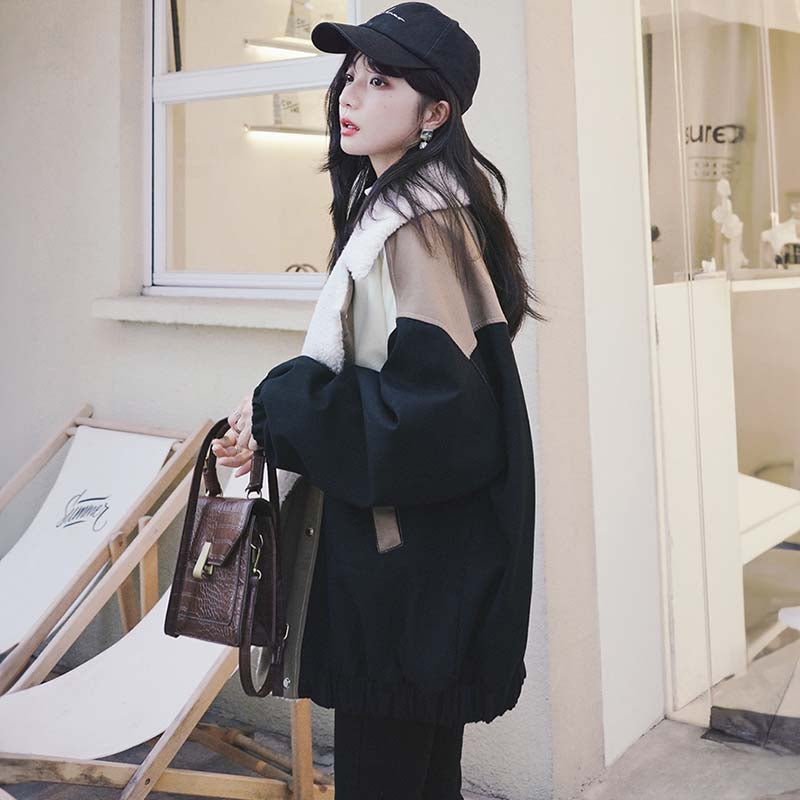 ファーカラー裏ボアパッチワークコート