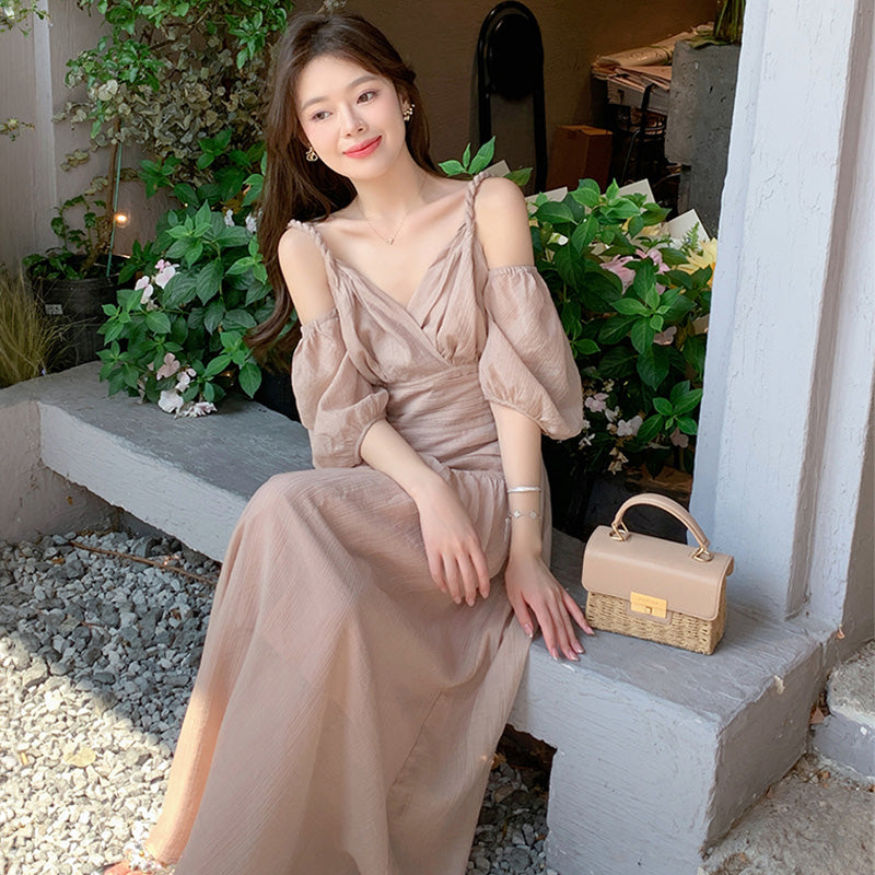 オープンショルダーボリューム袖ワンピース(2colors)