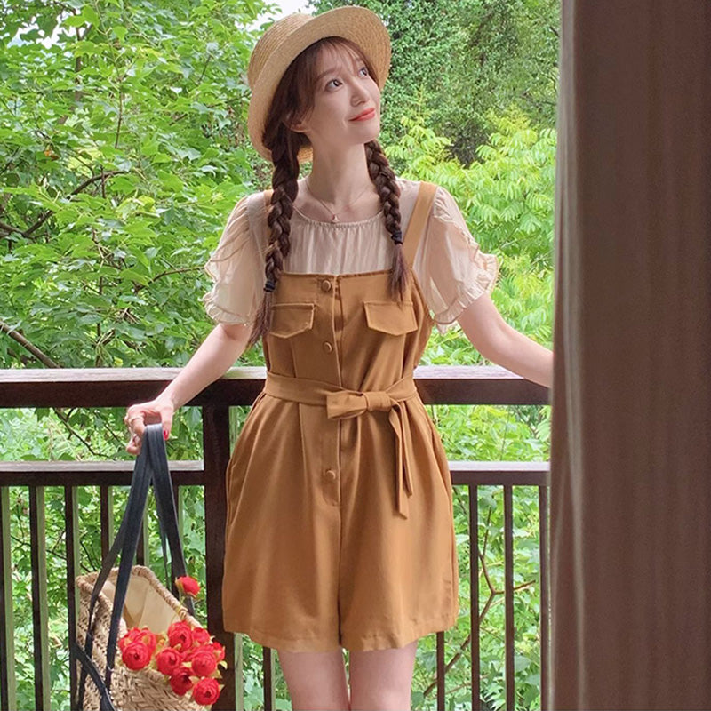 ラップスリーブブラウス×ウエストマークサロペット