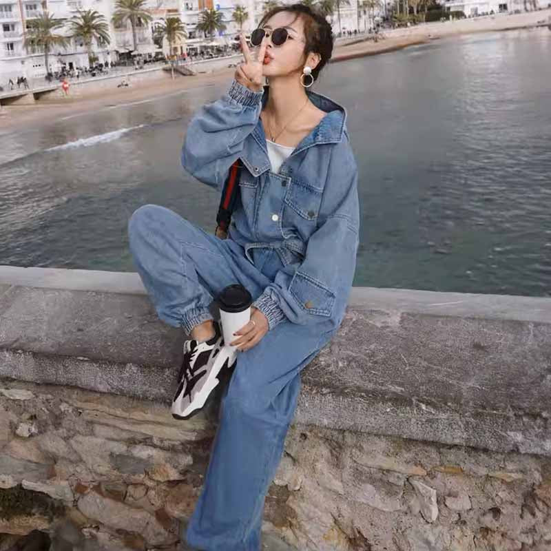 スタンドカラーフード付きデニムオールインワン