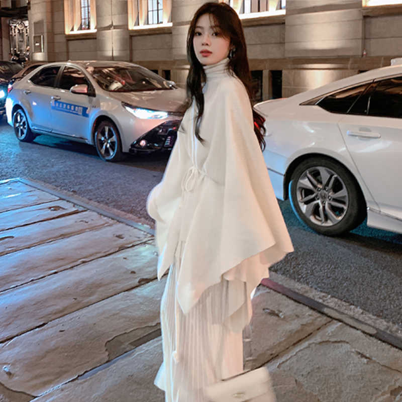 ウエストリボン付きポンチョニットカーディガン