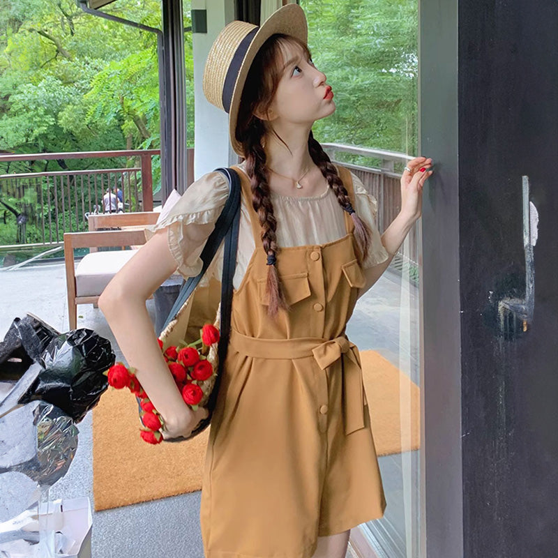 ラップスリーブブラウス×ウエストマークサロペット