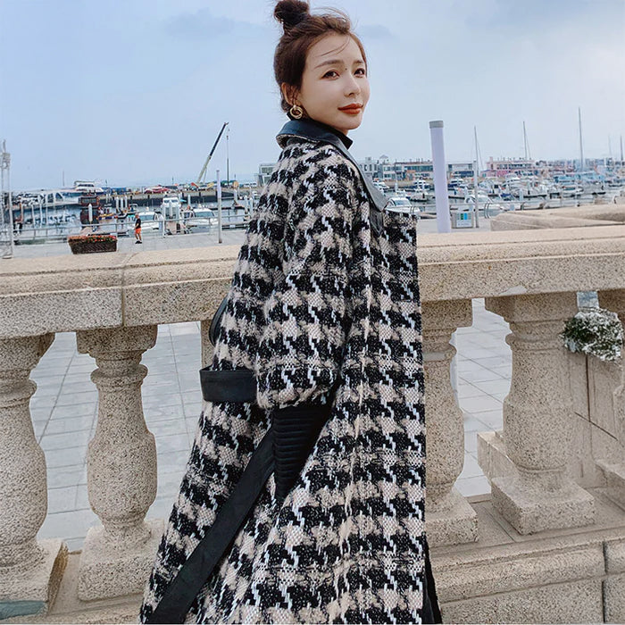 エコレザーコンビネーション千鳥格子柄ロングコート