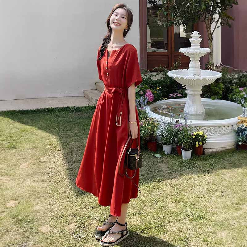 ラウンドネックレトロワンピース