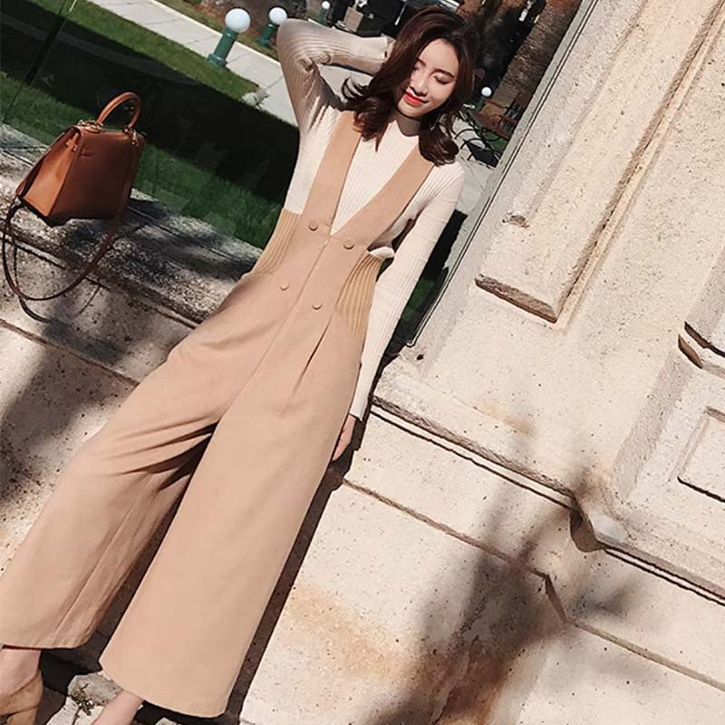 スリット入りハイネックリブニット×Vネックリブウエストサロペットパンツ(2colors)