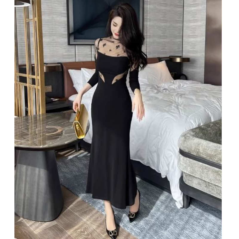 花柄シアーコンビマーメイドマキシワンピース