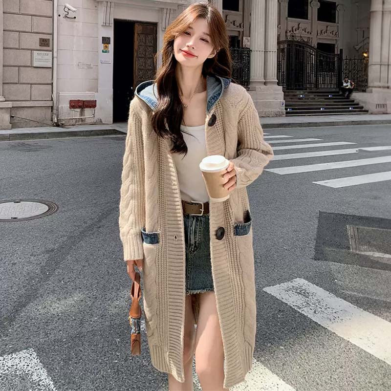 デニムフード付きニットカーディガン