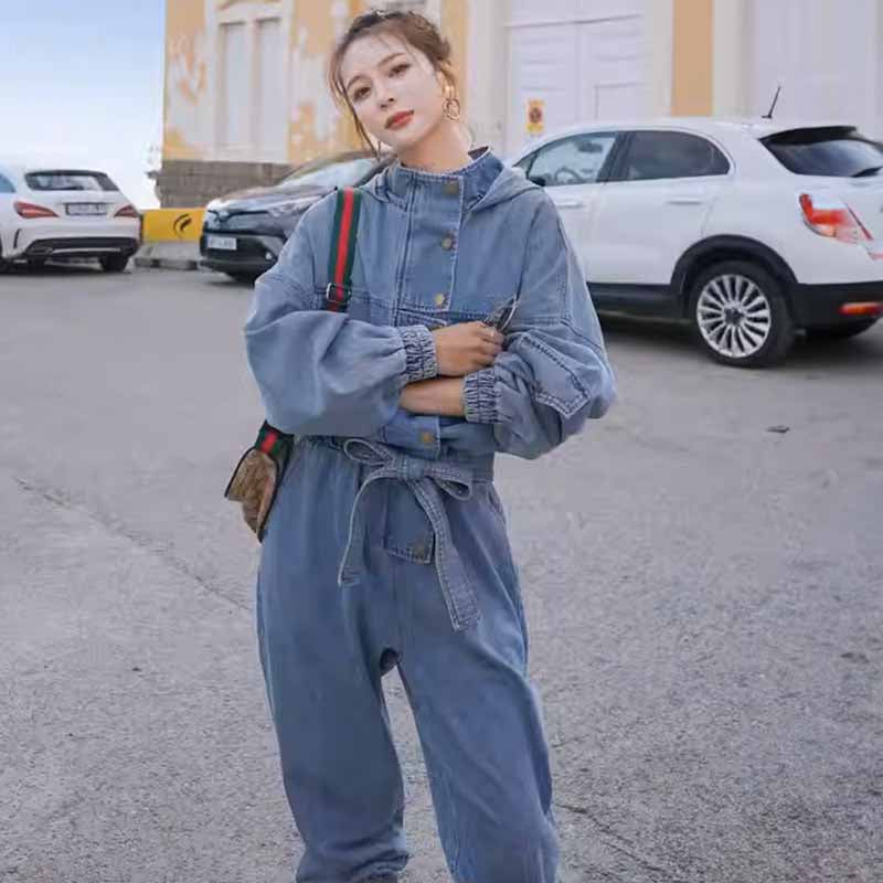 スタンドカラーフード付きデニムオールインワン