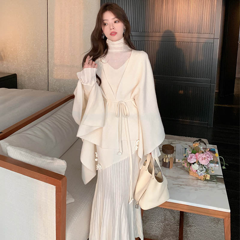 ウエストリボン付きポンチョニットカーディガン